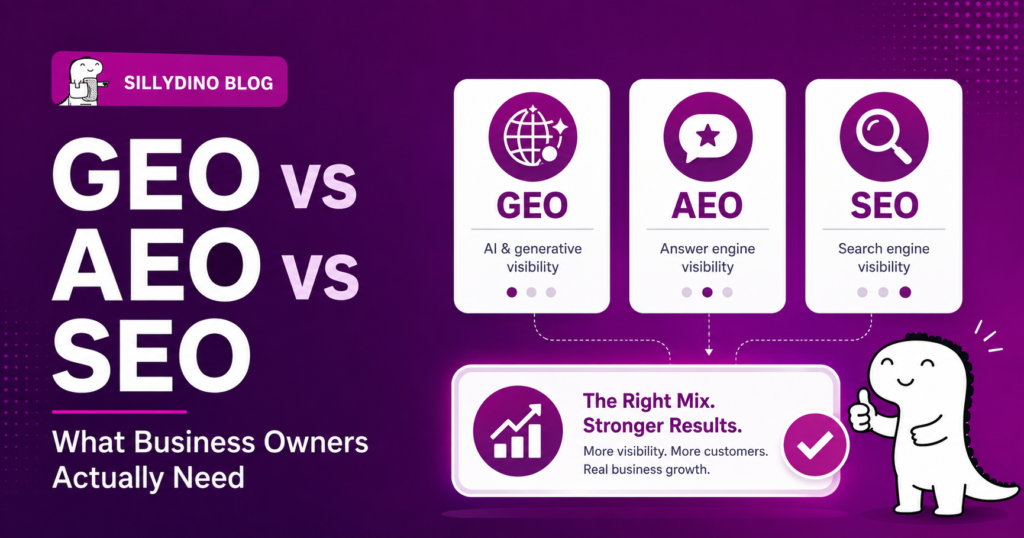 GEO vs AEO vs SEO guide for business owners by SillyDino